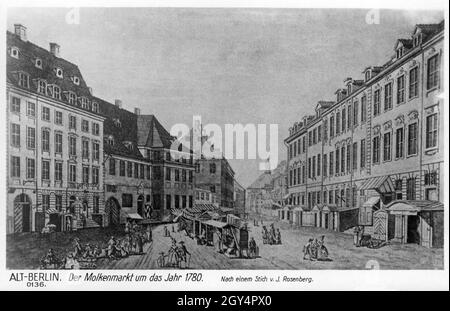 Der Stich von Johann Georg Rosenberg zeigt den Molkenmarkt in Berlin-Mitte um das Jahr 1780. [Automatisierte Übersetzung] Stockfoto