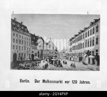 Der Stich nach einem Original von Johann Georg Rosenberg zeigt den Molkenmarkt in Berlin-Mitte um das Jahr 1780. [Automatisierte Übersetzung] Stockfoto