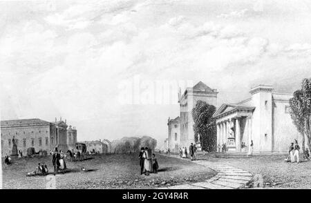 Die Zeichnung zeigt die Straße unter den Linden in Berlin-Mitte im Jahr 1837 mit dem Opernplatz (heute: Bebelplatz), der Staatsoper unter den Linden und der Alten Bibliothek (links). Auf der rechten Seite befinden sich die Neue Wache und die Humboldt-Universität. [Automatisierte Übersetzung] Stockfoto