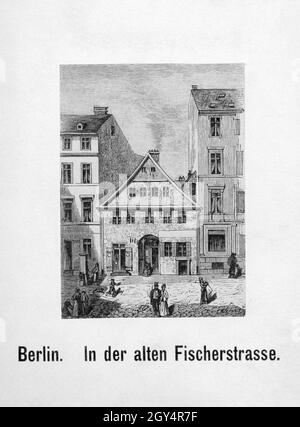 Diese Gravur zeigt Häuser in der Fischerstraße auf der Fischerinsel in Berlin-Mitte (Straße existiert nicht mehr). Undatiert, wahrscheinlich um 1840 hergestellt. [Automatisierte Übersetzung] Stockfoto