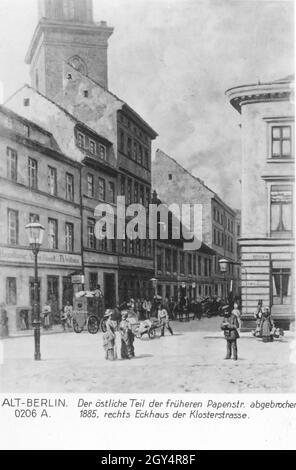 Das Gemälde zeigt das geschäftige Treiben in der Papenstraße (heute: Karl-Liebknecht-Straße) in Berlin-Mitte. Die Ostseite der Straße vor der Marienkirche (links) wurde 1885 abgerissen. Auf der rechten Seite befindet sich das Eckhaus zur Klosterstraße. [Automatisierte Übersetzung] Stockfoto