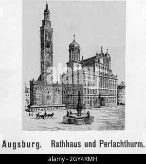 Auf dieser Zeichnung sind der Perlachturm (links) und das Rathaus (rechts) von Augsburg zu sehen. Vor ihnen befindet sich der Augustusbrunnen am Ludwigsplatz (heute Rathausplatz). Undatierte Zeichnung, wahrscheinlich um 1850 gemacht. [Automatisierte Übersetzung] Stockfoto