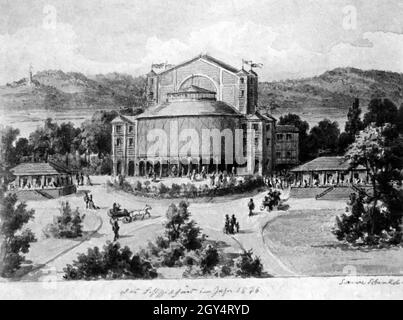 Das Foto soll 1876 das Richard-Wagner-Festspielhaus auf der Grünen Hügel in Bayreuth nach einem zeitgenössischen Aquarell von Susanne Schinkel (geb. Berger) zeigen. Gemeint ist vermutlich die Tochter Susanna Sophia Schinkel, da ihre Mutter bereits 1861 gestorben war. [Automatisierte Übersetzung] Stockfoto