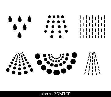 Wassersprühtropfen. Aqua-Flüssigkeit sprühen aus dem Sprüher oder Dusche. Schwarzes Formsymbol. Vektordarstellung auf weißem Hintergrund isoliert. Stock Vektor