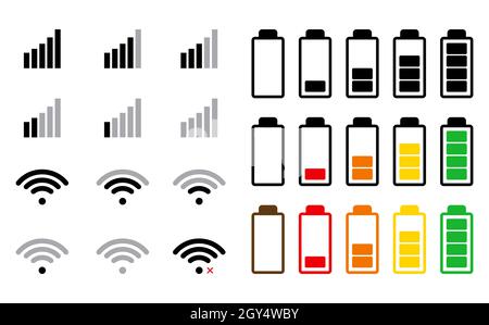 Symbol für das Telefonsignal und die Akkuanzeige. Einstellungen für die Smartphone-Schnittstelle. Vektorgrafik isoliert auf Weiß. Stock Vektor