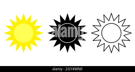 Sun-Symbol gesetzt. Gelbes Design mit Silhouette und Umriss. Vektorgrafik auf Weiß. Stock Vektor