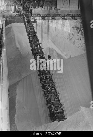 Ammoniakwerk Merseburg GmbH, Leuna-Werke. Ein Bagger extrahiert das Calciumnitratsalz aus dem Silo. [Automatisierte Übersetzung] Stockfoto