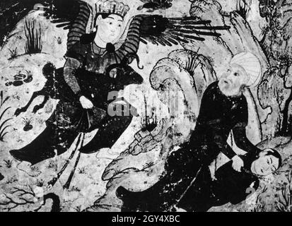 Das Bild des Opfers Abrahams stammt aus einem Manuskript aus dem 15. Jahrhundert. Sie wurde im Topkapi Museum in Istanbul ausgestellt. Die abgebildete Szene findet sich im Koran ebenso wie in der Bibel (Genesis XXII) nahezu identisch. [Automatisierte Übersetzung] Stockfoto