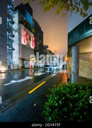 Tokio, Japan - 17. November 2019: Nächtliche Regentenszene auf der Straße von Tokio Stockfoto