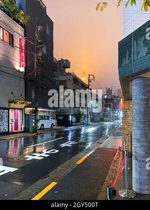 Tokio, Japan - 17. November 2019: Nächtliche Regentenszene auf der Straße von Tokio Stockfoto