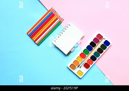 Eine Reihe von Farben und Bleistiften zum Zeichnen auf einem rosa Hintergrund. Schreibwaren für die Schule. Layout der Waren für den Künstler. Blick von oben. Stockfoto