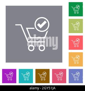 Warenkorb Kasse skizzieren flache Symbole auf einfachen farbigen quadratischen Hintergründen Stock Vektor