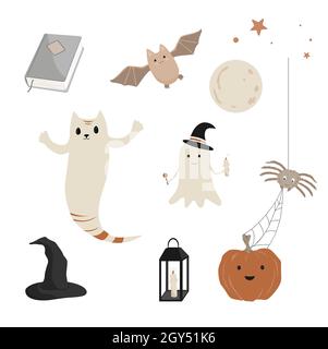 Halloween-Ikonen-Set. Niedliche Geister, Zauberbuch, Hexenhut, Vollmond und verrückter Kürbis mit einer Spinne. Halloween Figuren Kollektion im Kinderzimmer Stil Stock Vektor