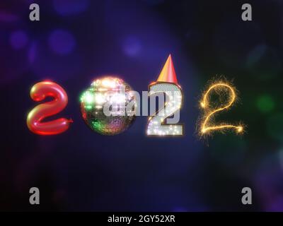 3D-Rendering des Neujahrsdatums 2022, bestehend aus ballonförmiger Ziffer, glänzender Discokugel und Feuerwerk über verschwommenem Hintergrund Stockfoto