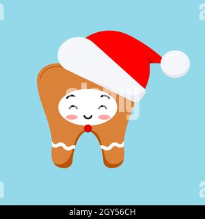 Weihnachtszahn im Lebkuchenkostüm mit rotem weihnachtsmann Hut Stock Vektor