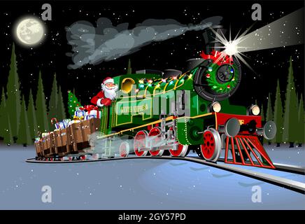 Vektor Weihnachten Grußkarte mit Cartoon Santa Express Zug Stock Vektor