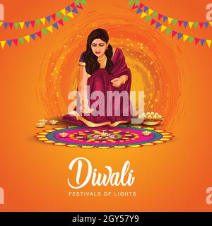 Indisches Festival von Diwali Feier Hintergrund mit dekoriert Rangoli und Diya. vektor-Illustration Design. Stock Vektor