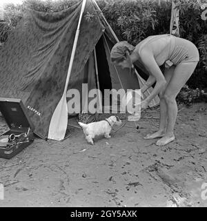 Werbefoto für das Klepper Zelt: getreu dem Werbeslogan „Fahre fröhlich in die weite Welt, mit Klepper-Mantel, -Boot und -Zelt“ spielt eine junge Frau mit einem Welpen vor einem Zelt, Deutschland 1930er Jahre. Werbung für ein Klepper-Zelt: Eine junge Frau spielt mit einem Welpen vor einem Zelt, Deutschland 1930er Jahre. Stockfoto