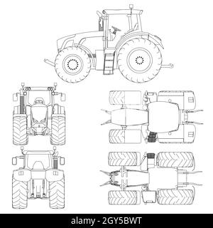 Mit den Konturen des Traktors aus schwarzen Linien auf weißem Hintergrund isoliert. Seiten-, Vorder-, Rücken-, Oben-, Unteransichten. Vektorgrafik. Stock Vektor