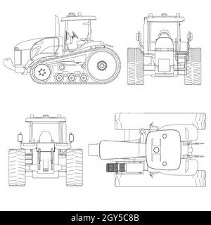 Mit den Konturen eines Traktors auf Schienen von schwarzen Linien auf weißem Hintergrund isoliert. Seite, vorne, hinten, Draufsicht. Vektorgrafik. Stock Vektor