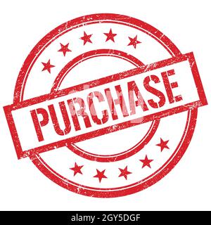 KAUFTEXT auf rotem runden Vintage-Stempel geschrieben. Stockfoto