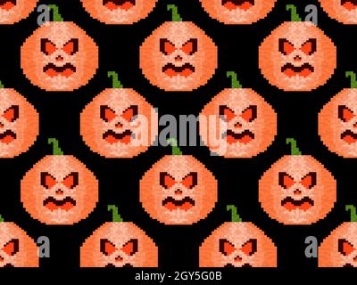 Pixel Art Kürbis nahtloses Muster. Jack-o Laterne 8-Bit-Grafik. Halloween-Design für Geschenkpapier, Banner und Werbematerialien. Vektorgrafik Stock Vektor