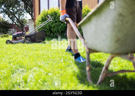 Mann mit Schubkarre aus frisch geschnittenem Gras, 11. September 2021, Ternopil, Ukraine Stockfoto