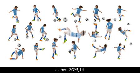 Collage aus Aufnahmen eines kleinen Jungen, Fußballspieler mit Ball in Bewegung, Action isoliert auf weißem Studiohintergrund. Stockfoto
