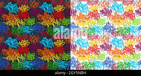 Zwei Bunte Nahtlose Abstrakte Hip Hop Street Art Graffiti-Stil Urban Kalligraphie Vektor Illustration Hintergrund Kunst Stock Vektor