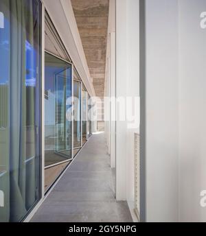 Blick auf den Korridor und die Konzertsäurfenster. Ribeira 11, Lissabon, Portugal. Architekt: Ricardo Carvalho Arquitectos & Associados, 2021. Stockfoto