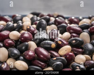 Nahaufnahme der gemischten Rohbohnen in blauen Platte auf grauem Beton Hintergrund. Schwarze, rote und weiße Bohnen mit textfreiraum gemischt. Stockfoto