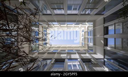 Blick vom Innenhof nach oben. Ribeira 11, Lissabon, Portugal. Architekt: Ricardo Carvalho Arquitectos & Associados, 2021. Stockfoto