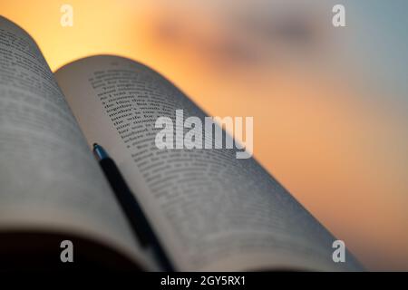 Verbringen Sie einen schönen Abend beim Lesen eines interessanten Buches im Freien bei mildem Sonnenuntergang. Halten Sie einen Stift, um die wichtigsten Dinge zu markieren. Ruhige Angenehme Zeitvertreib. Stockfoto