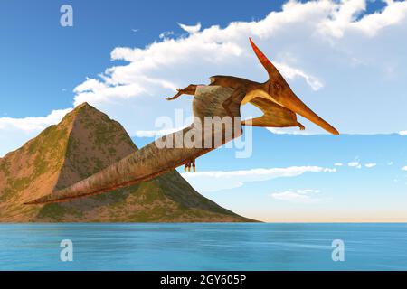 Ein Pteranodon-Reptil sucht während der Kreidezeit Nordamerikas nach Beute. Stockfoto