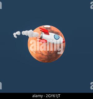 Rot und Weiß Cartoon Raumschiff Fliegen um den Mars isoliert auf flachem blauen Hintergrund 3D Illustration, Raumfahrt Konzept. Textur aus solarsystemsco Stockfoto