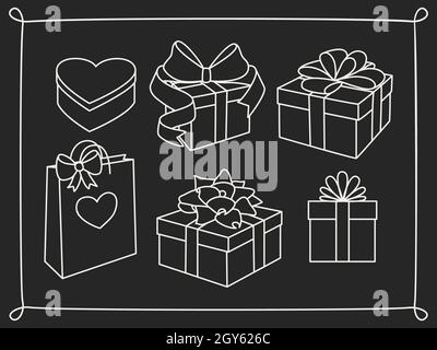 Doodle Set von Geschenkboxen mit Schleifen, herzförmiger Box und einer Geschenktüte. Handgezeichnete Geschenke Kollektion. Grafische Gestaltungselemente für Werbung, Flyer, Stockfoto