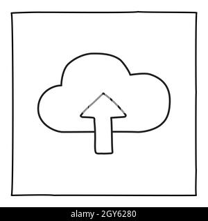 Doodle Cloud Upload-Symbol oder -Logo, handgezeichnet mit dünner schwarzer Linie. Grafikdesign-Element auf weißem Hintergrund isoliert. Vektorgrafik Stockfoto