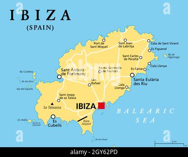 Ibiza, politische Landkarte. Teil der Balearen, einer Inselgruppe und autonomen Gemeinschaft Spaniens im Mittelmeer. Stockfoto