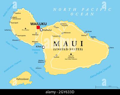 Maui, Hawaii, politische Landkarte mit der Hauptstadt Wailuku. Teil der Hawaiianischen Inseln und Hawaii, einem Bundesstaat der Vereinigten Staaten im Nordpazifik. Stockfoto