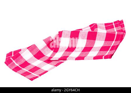 Nahaufnahme einer rosa und weiß karierten Serviette oder Tischdecke Textur isoliert auf weißem Hintergrund. Küchenzubehör. Stockfoto