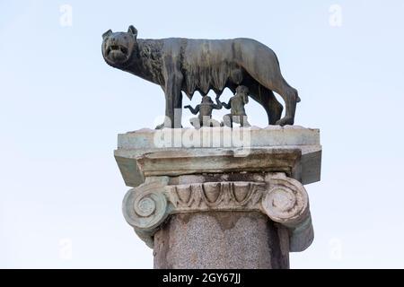 Kapitoliner Wolf (Lupa Capitolina), Bronzestatue der Wölfin, die die mythischen Zwillingsgründer von Rom, Romulus und Remus, auf dem Kapitolinischen Hügel, Ro, suckt Stockfoto