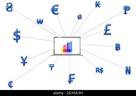 Viele Währungen Technologie Business Internet Konzept. Stockfoto