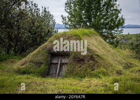 Ein isländischer Tursenkeller, bedeckt mit Gras und Moos. Stockfoto