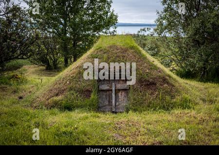 Ein isländischer Tursenkeller, bedeckt mit Gras und Moos. Stockfoto