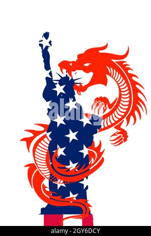 Flaggen der USA auf der Freiheitsstatue und der Drache symbolisiert China/USA China trade Krieg Konzept. Stockfoto