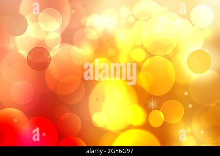 Vorlage für die Einladung zur Sommerparty. Abstrakte festliche Gold gelb rot Bokeh Hintergrund Textur mit hellen runden weichen Farben Lichter und Sterne. Platz für Stockfoto