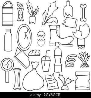 Vektorgrafik zur Sammlung von Doodle für Hausmüll. Set aus organischen und anorganischen Hausmüll, Handzeichnung. Umriss Flasche, Spielzeug, Gläser und Lebensmittel Stock Vektor