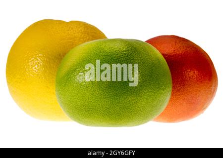 Zitrusfrüchte ganze Früchte der roten, gelben und grünen Grapefruit isoliert auf weißem Hintergrund, Nahaufnahme Stockfoto