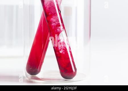 Testflaschen mit Farbproben auf hellgrauem Hintergrund Stockfoto