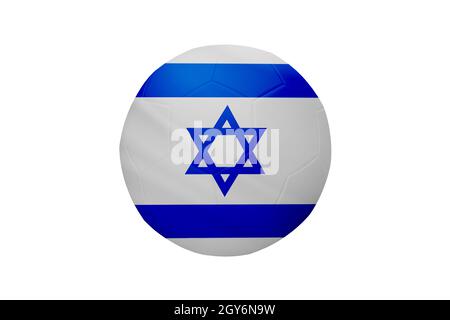 Fußball in den Farben der israelischen Flagge isoliert auf weißem Hintergrund. In einem konzeptionellen Meisterschaftsbild, das Israel unterstützt. Stockfoto